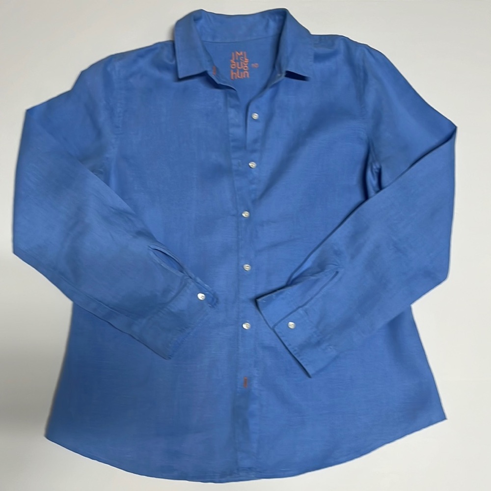 J McLaughlin Cornflower Blue Linen Long Sleeve Button Down Ladies Shirt